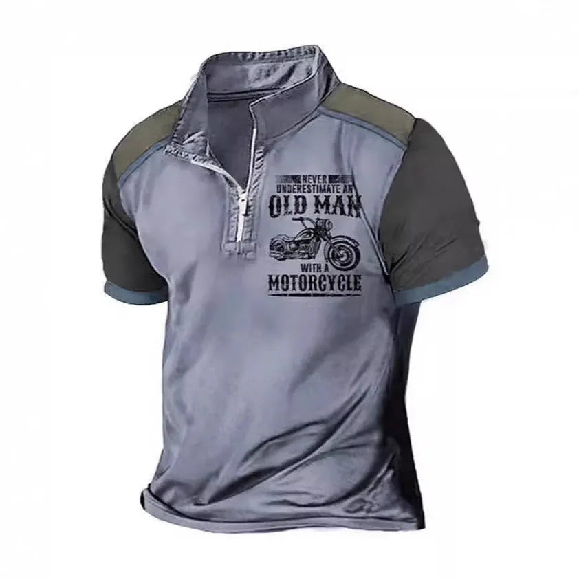 Men's casual polo shirt with zipper lapel and digital letter print in colour PL02-GG7366, size M, short sleeves