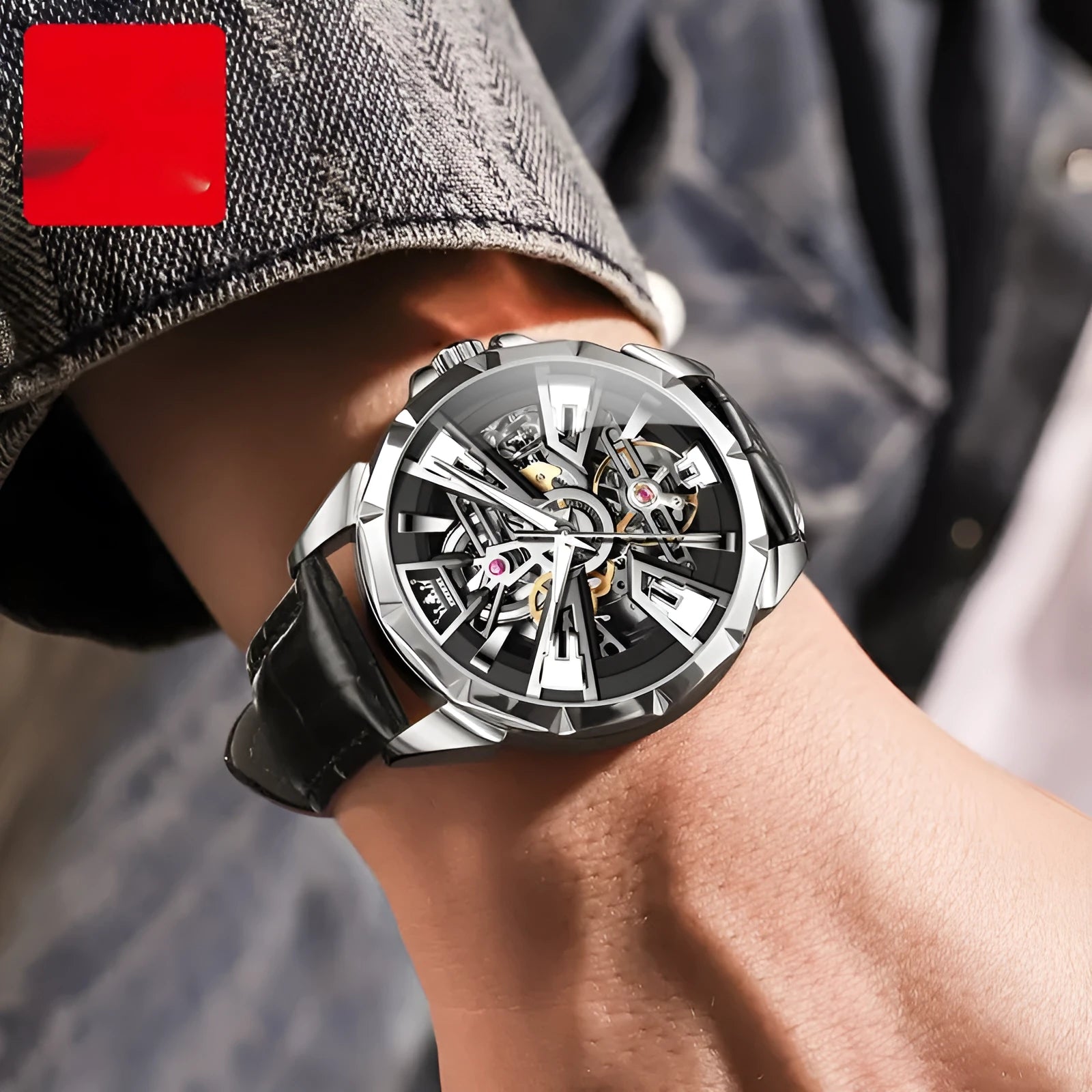 Men's automatic mechanical watch with transparent case back showing movement and 44mm barrel-shaped dial