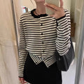 Women's dark grey and white striped French-style cardigan coat with 40cm length and slim fit