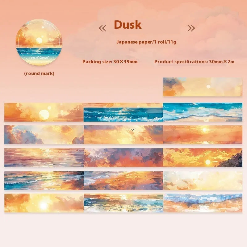 Japanese paper decorative tape roll with sky theme designs showing colourful clouds, twilight, and moonlight sky colour variations