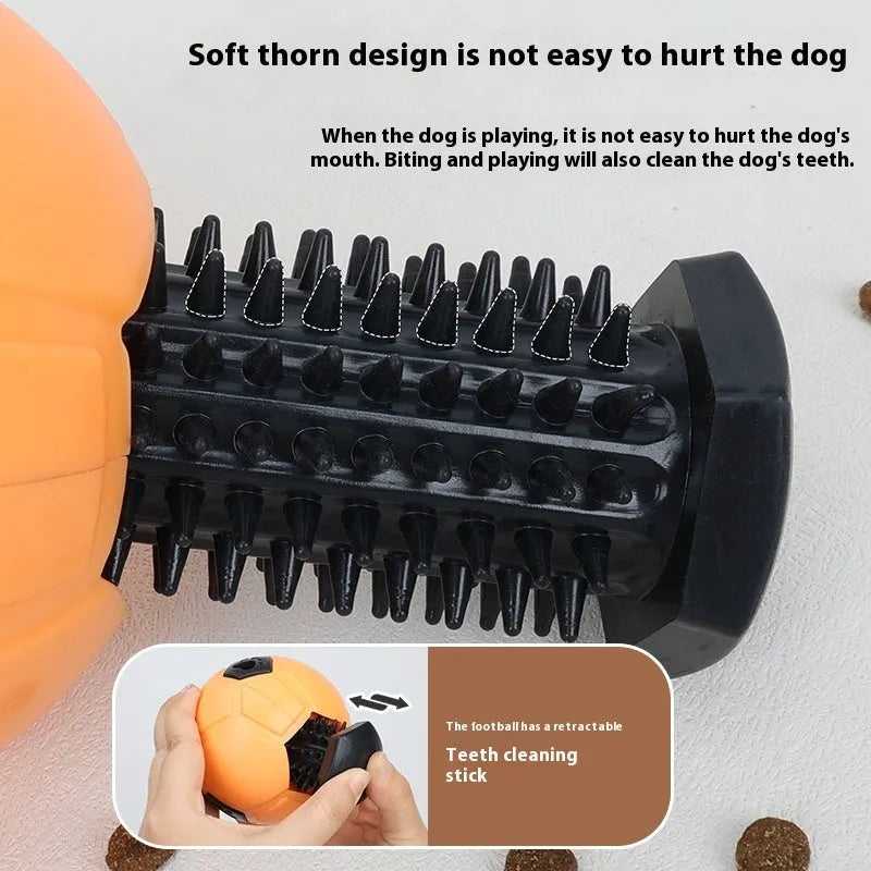 Orange TPR dog chew ball toy with tooth cleaning stick design for dental health