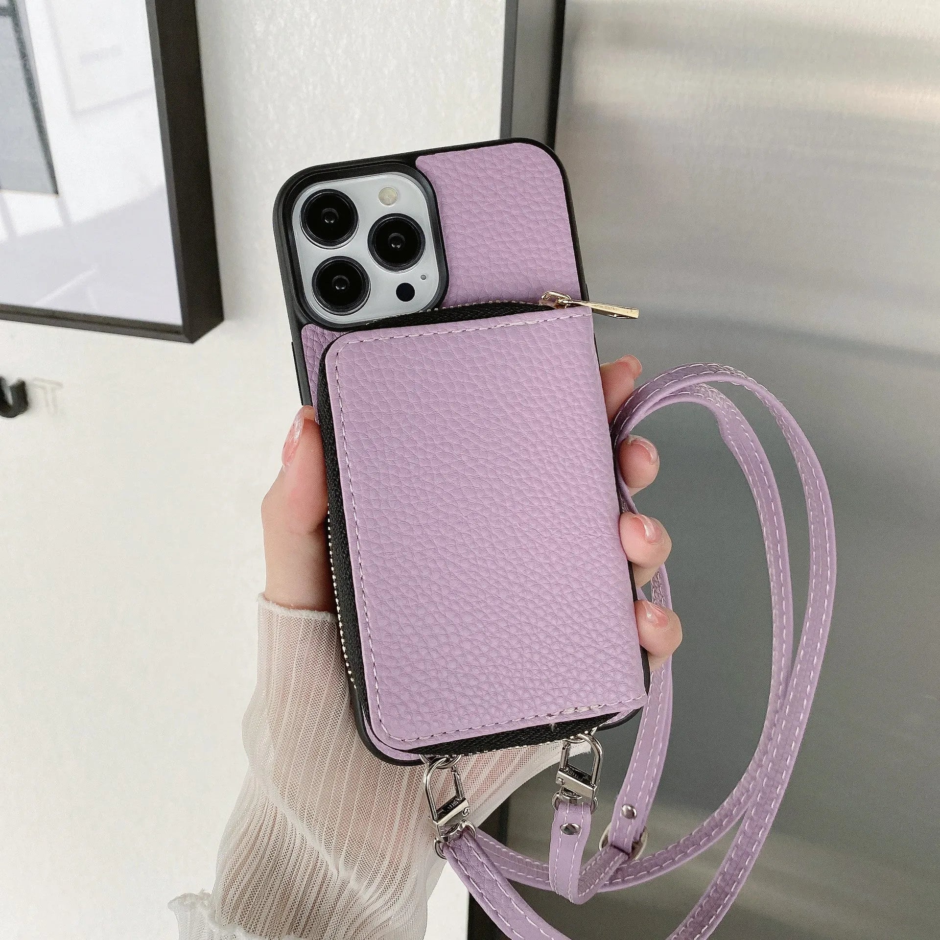Litchi patterned iPhone protective case in PC and leather showing colour options.