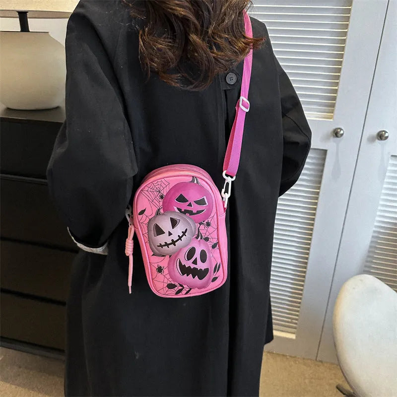 Halloween graffiti crossbody phone bag with pumpkin ghost bat print, 14x23x9.5cm dimensions, PU material