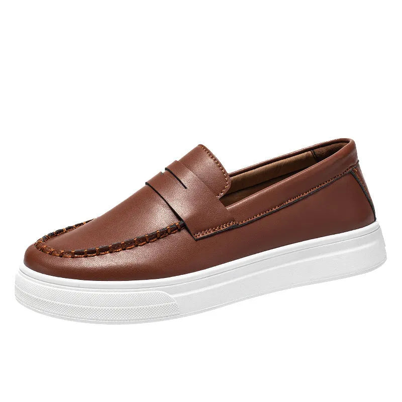 British style casual leather shoes in artificial PU with round toe design in white, black and white, or khaki