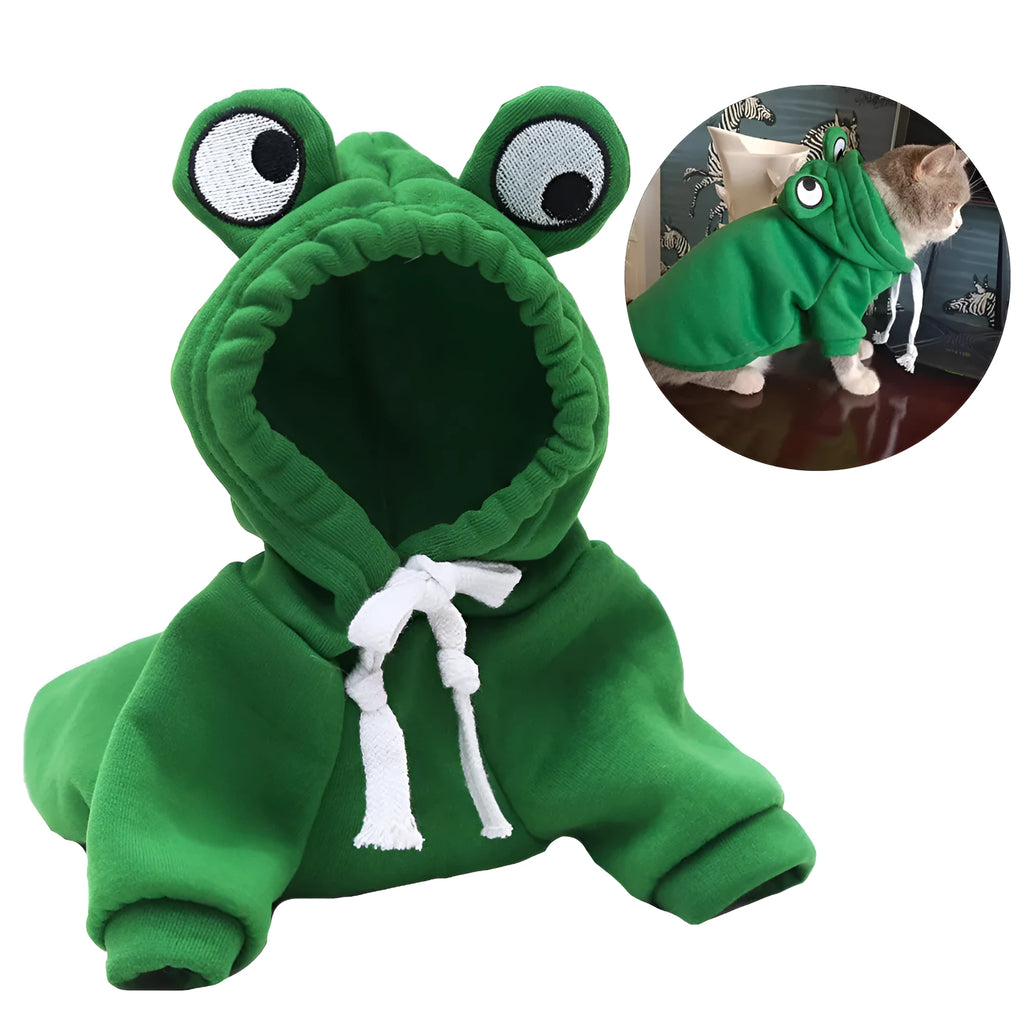 Green frog pattern hoodie on small dog showing four-legged design with hood