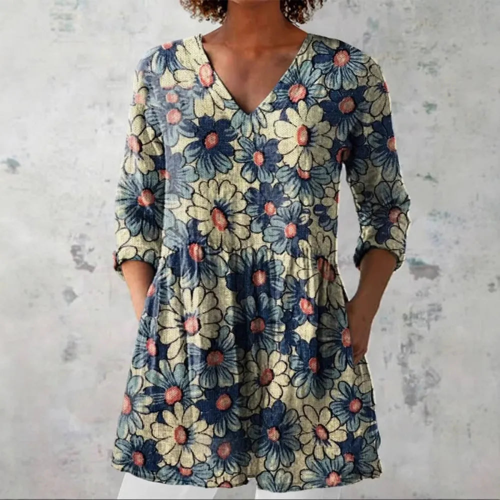 Women's retro slim fit long-sleeved top with digital printing, available in multiple colours and sizes S to 5XL