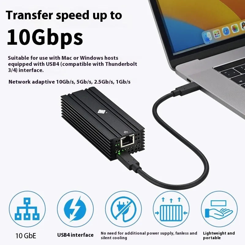 Leyu USB4 network adapter with 10 Gigabit Ethernet port, black colour, compact size with attached cable