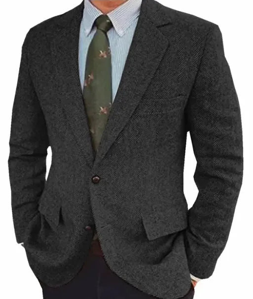 Men's brown herringbone retro suit jacket with long sleeves on a hanger.