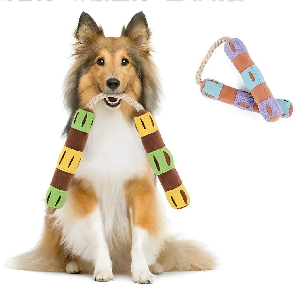 Purple and yellow plush dog snuffle mat toy for interactive feeding and puzzle play