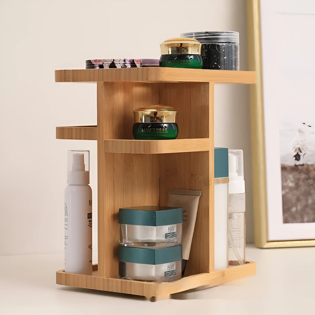 Bamboo rotating storage rack with multiple layers and grid compartments