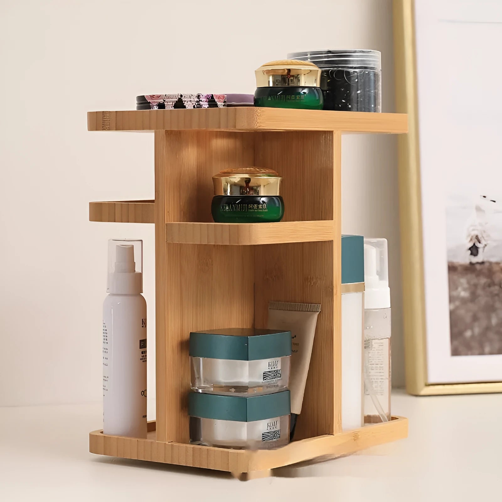 Bamboo rotating storage rack with multiple layers and grid compartments