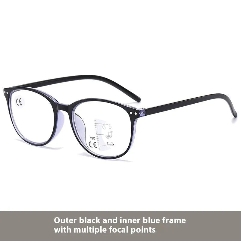 Women's presbyopic glasses with ultra-light frame, adjustable nose pads, available in black with blue focus and other colour options