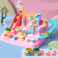 Toy car track set with parking lot adventure layout and multiple colour trolley options