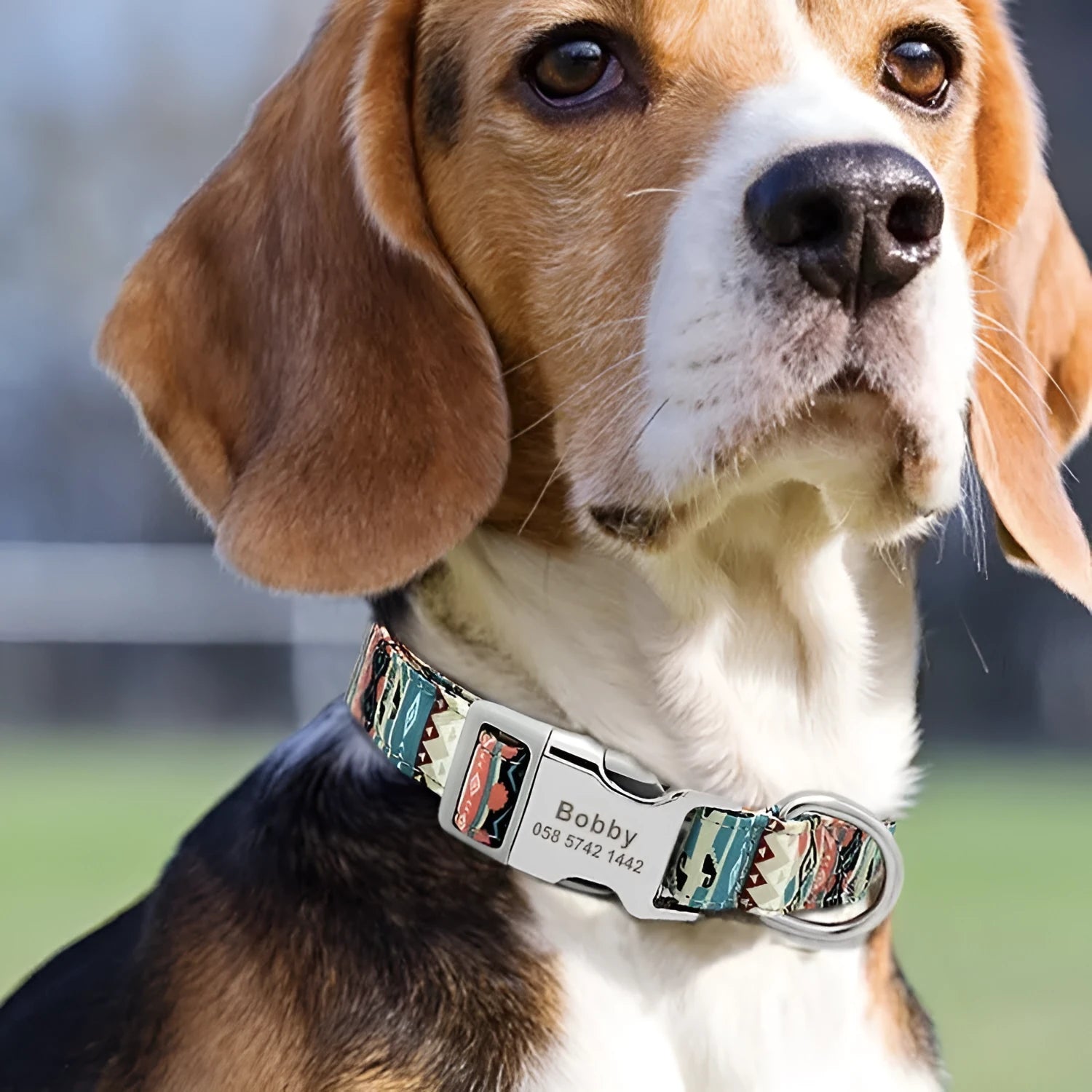 Adjustable canvas dog collar with semi-metal buckle in striped Bohemian pattern