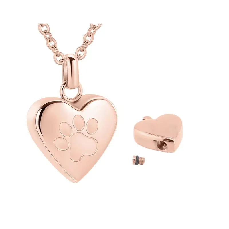 Simple Love paw print heart pendant necklace in titanium steel with openable casket, shown in silver finish on adjustable chain