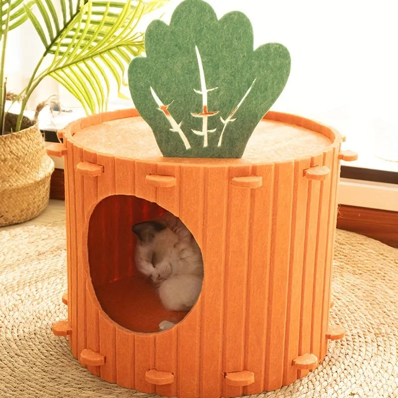 Orange carrot-shaped felt cat nest tunnel with a semi-enclosed opening, shown next to a measuring tape indicating 40cm length.