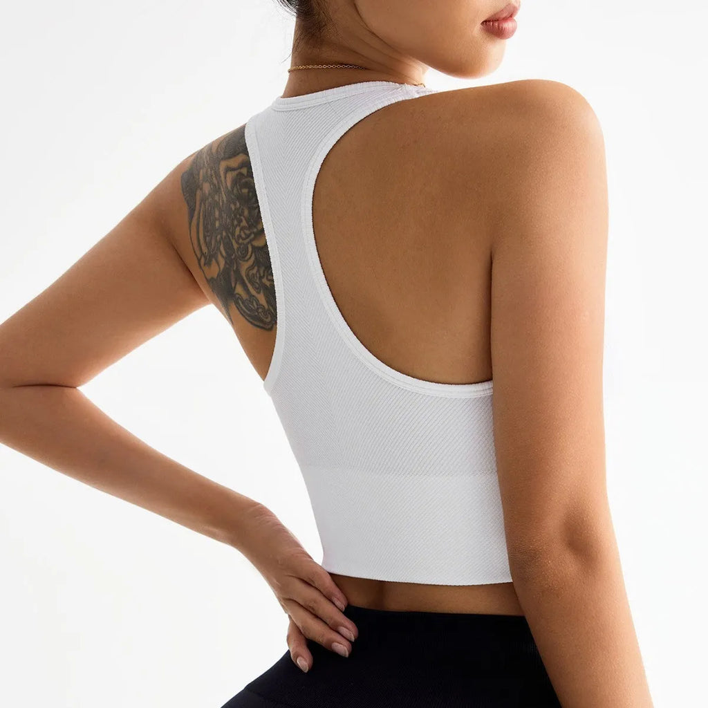 Black women's cross back sports bra with fixed double straps and molded cups.