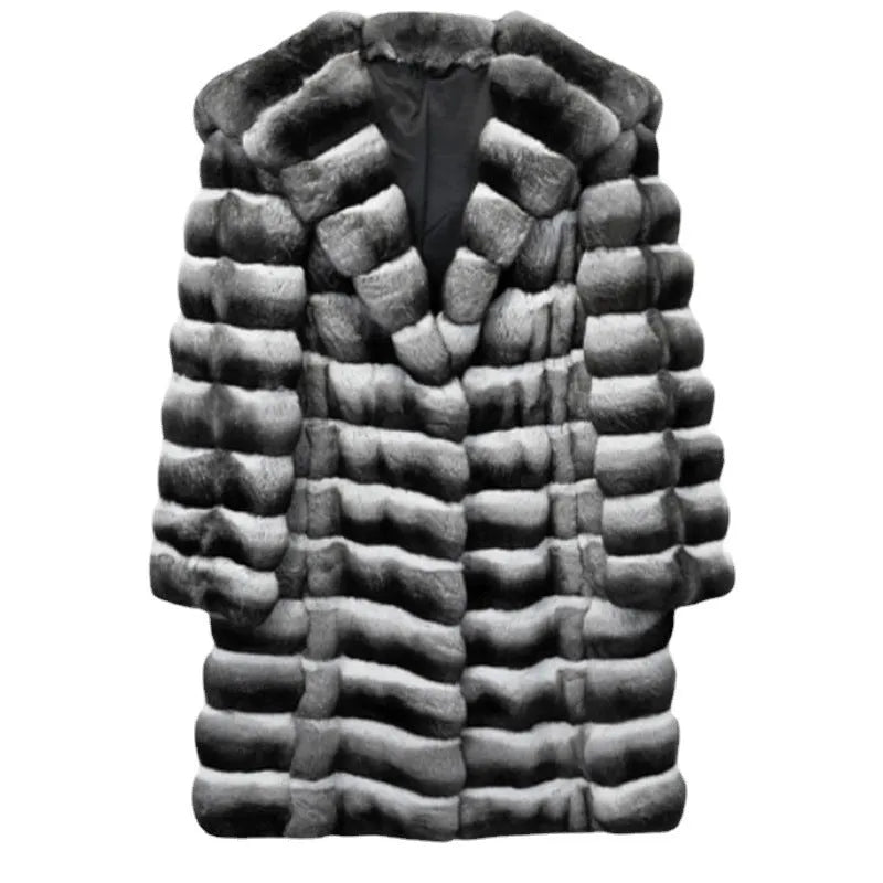 Women's zebra stripe pattern faux fur coat with artificial mink hair fabric, medium length