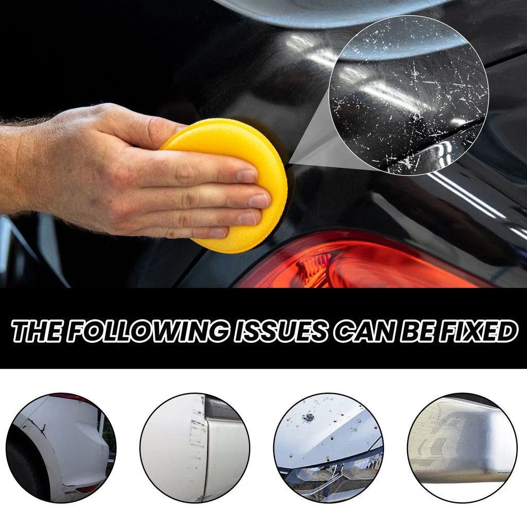 Car paint scratch repair wax kit showing 120ml tube, application sponge, and buffing towel on a clean surface.