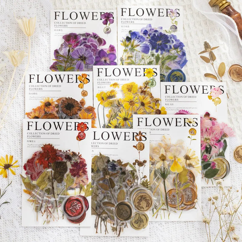 Fire Paint Creative dried flowers journal decoration sticker package showing 8 modern art designs on 70x70mm PET sheets
