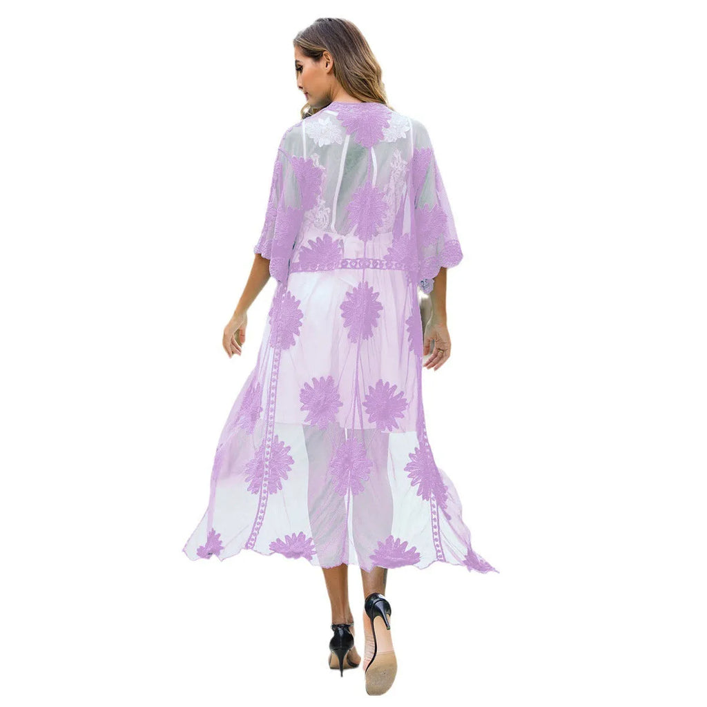 Light purple lace embroidery beach dress with cotton lining for swimming activities
