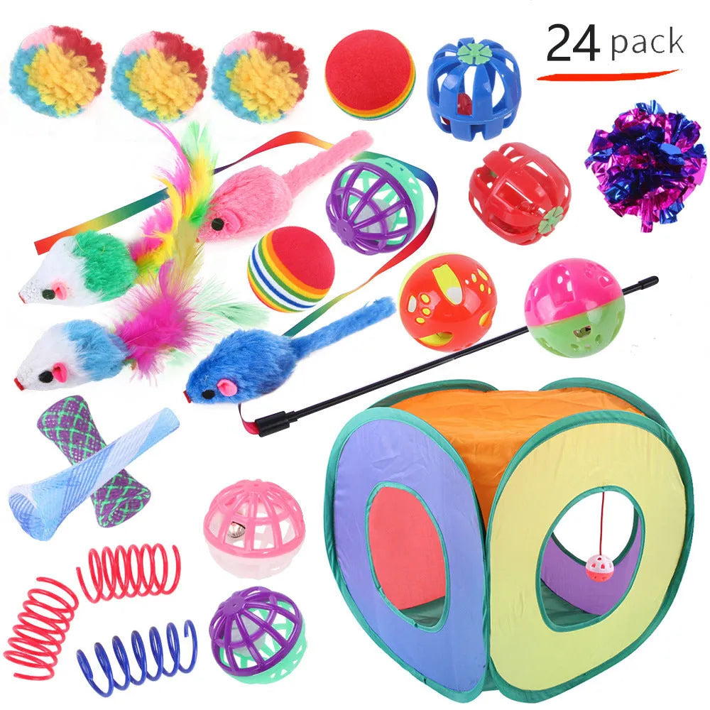 Plastic cat play channel toy with assorted accessories for feline batting and chasing