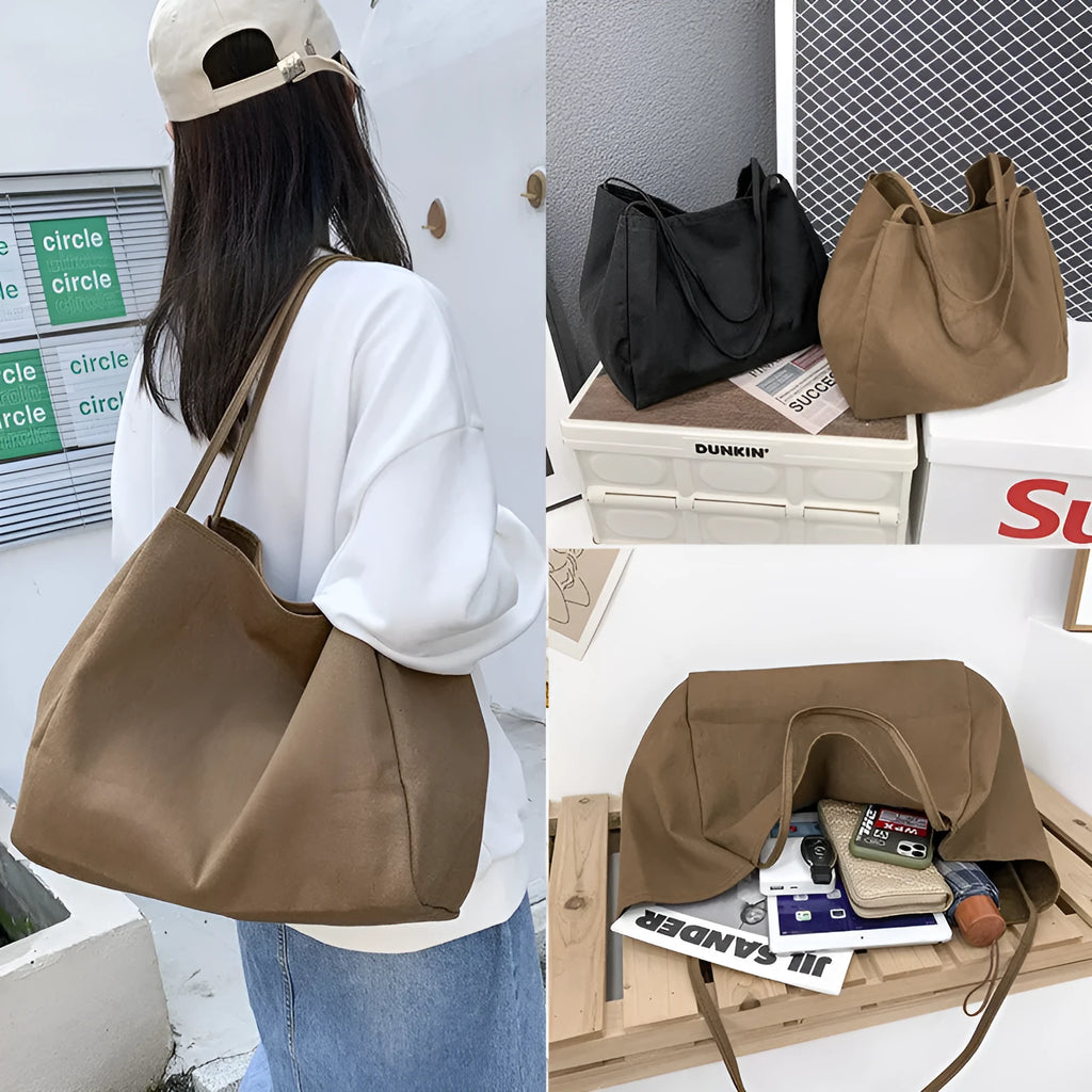 Solid colour women's canvas handbag with double shoulder straps and large capacity design