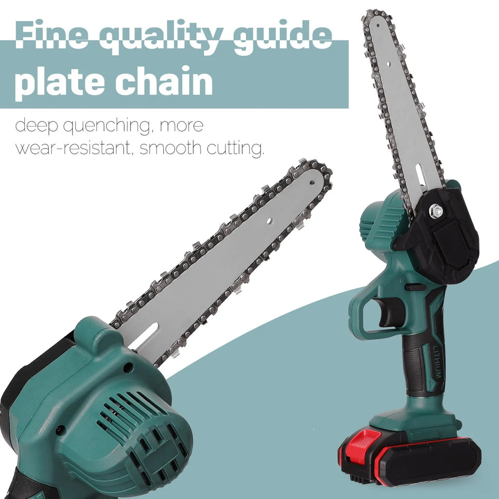 Black mini electric chainsaw with 4-inch guide, lithium battery, and 550W motor for cutting 100mm wood