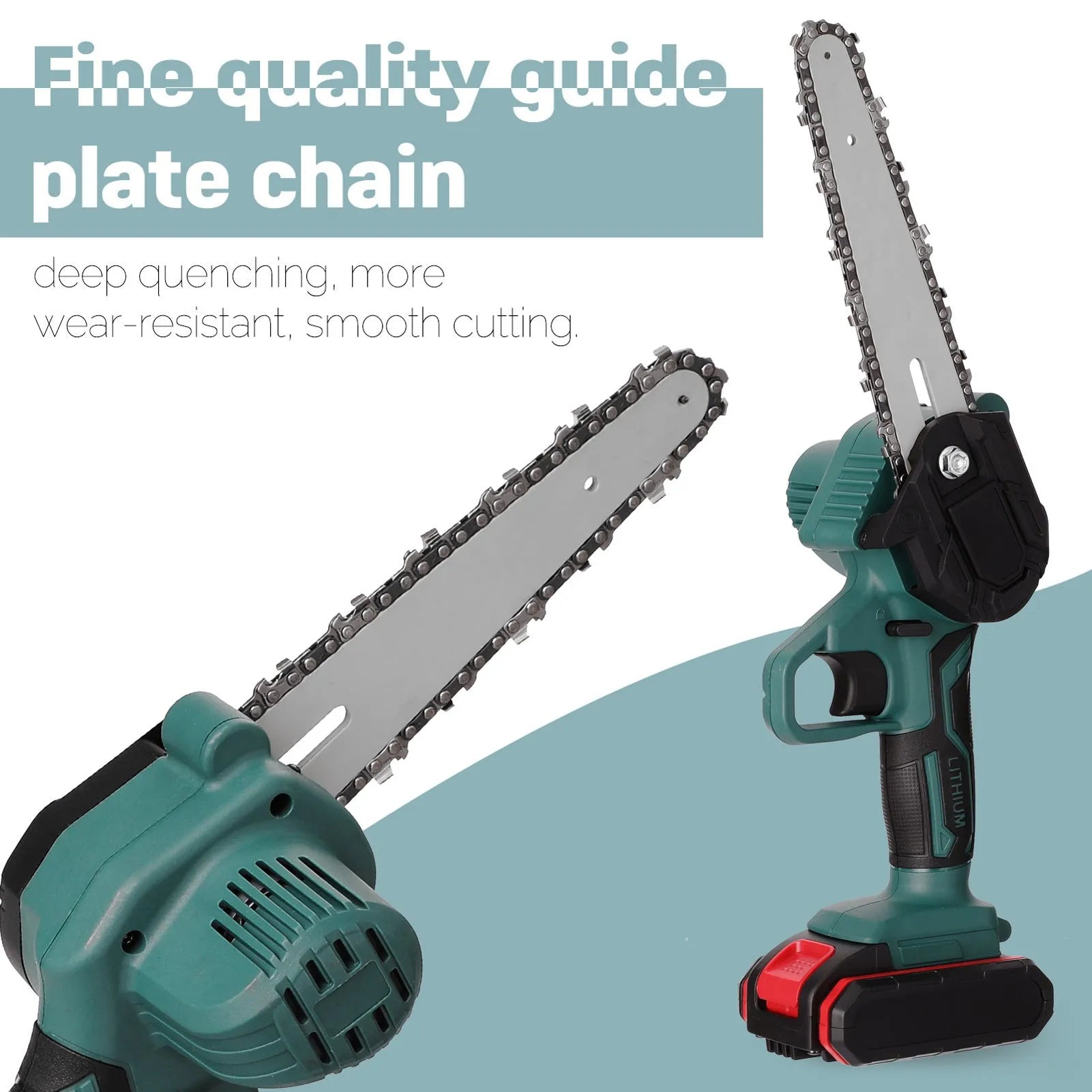 Small black electric chainsaw with 4-inch guide, showing lightweight one-hand design for cutting branches and logs