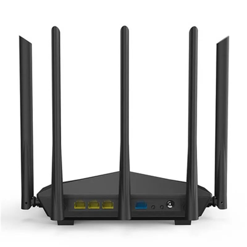 Black AC11 gigabit wireless router with four network ports and UK power plug