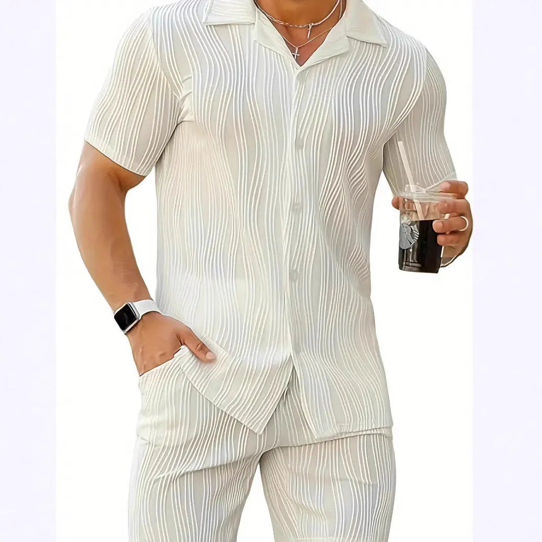Men's black wave pattern short sleeve shorts suit laid flat showing shirt and matching shorts