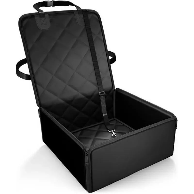 Black non-slip car pet pad for dogs on a car seat, showing anti-dirt surface.