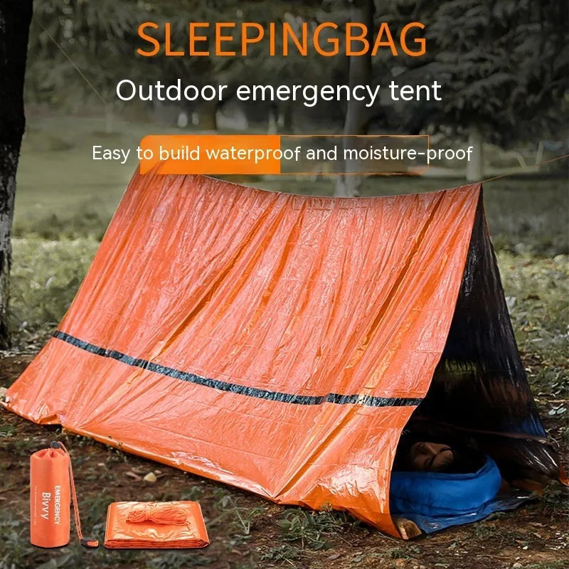 Portable outdoor disaster relief tent in orange or green with emergency blanket and whistle for camping