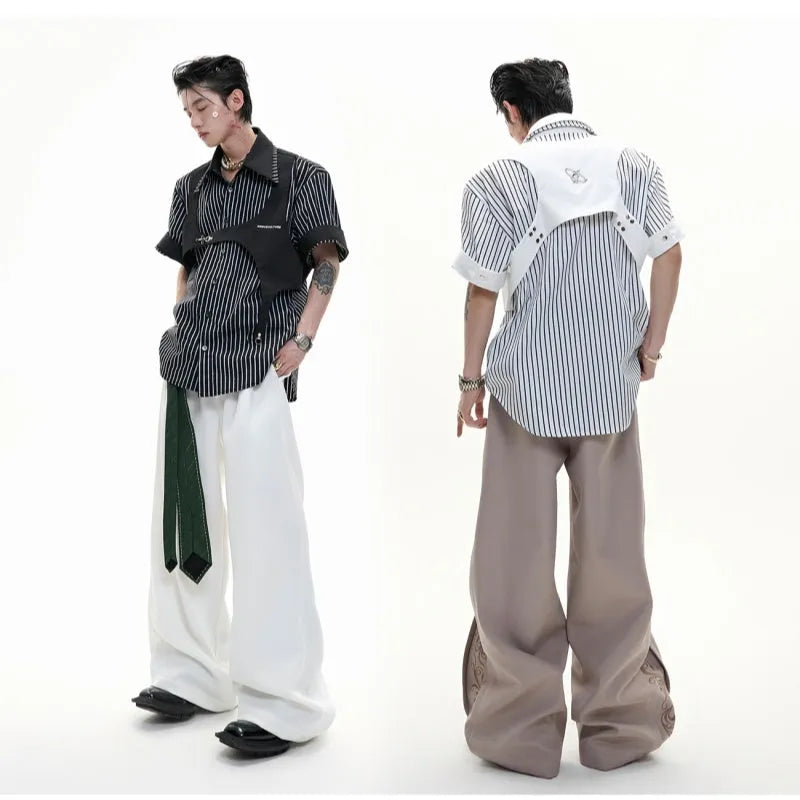 Men's black and white striped cotton shirt with double collar design and short sleeves, shown in loose fit