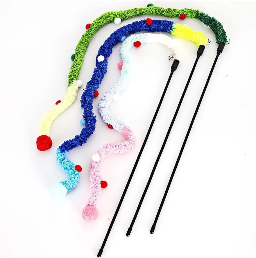 Cat wand toy with blue plush strip, colourful ball, and bells on a 41cm pole for interactive play