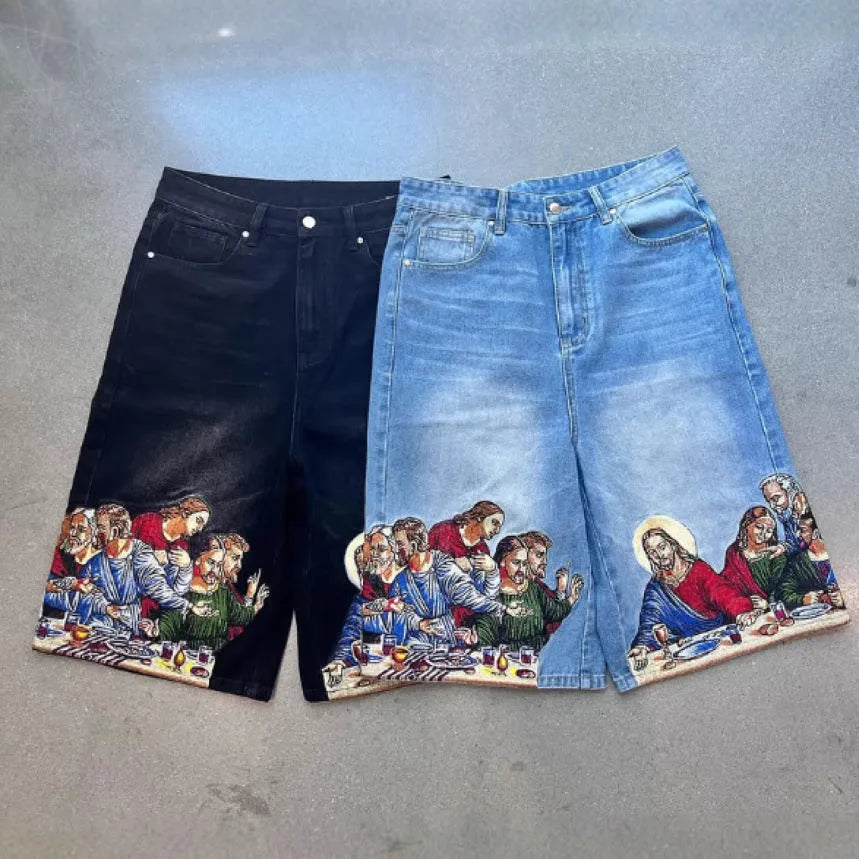 Blue men's cotton shorts with a Jesus design on the back pocket, showing tapered leg.