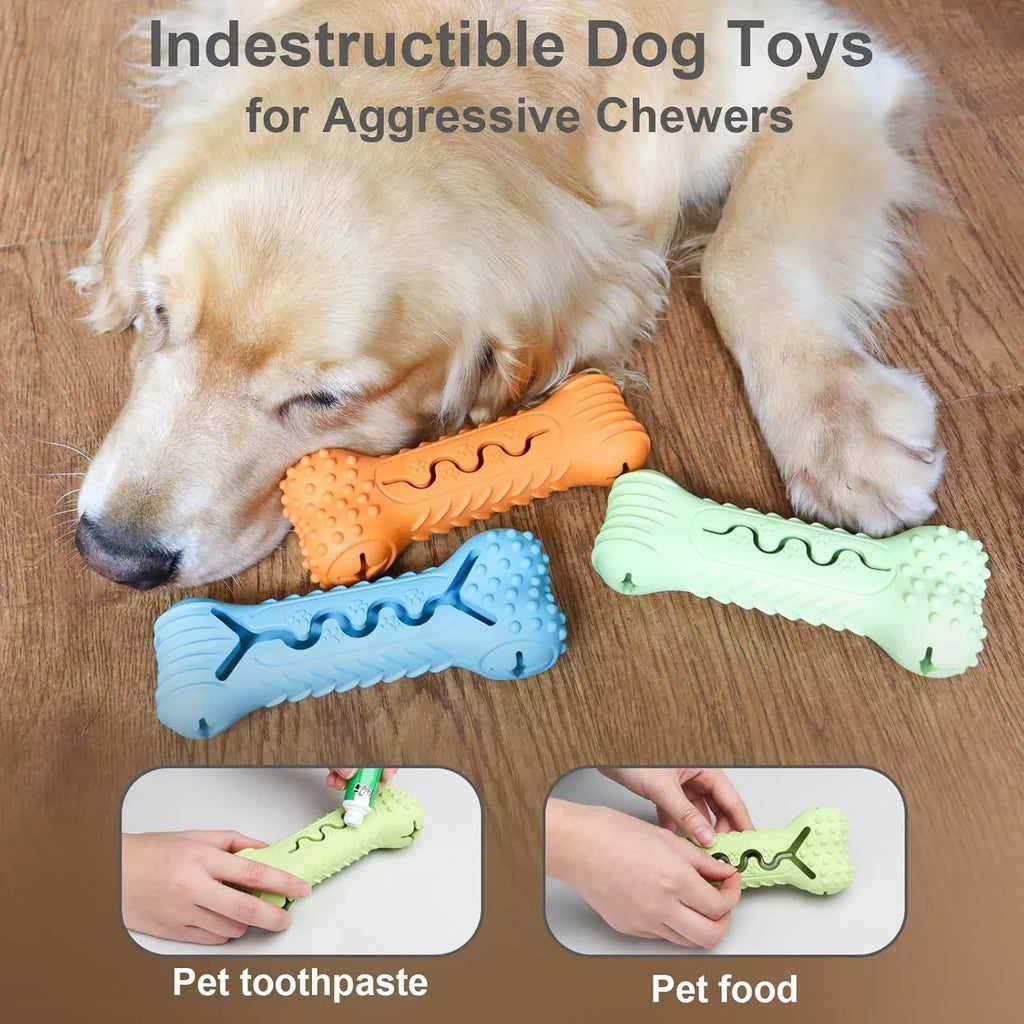 Blue bone-shaped dog chew toy made from natural rubber, showing uneven surface for teeth cleaning.
