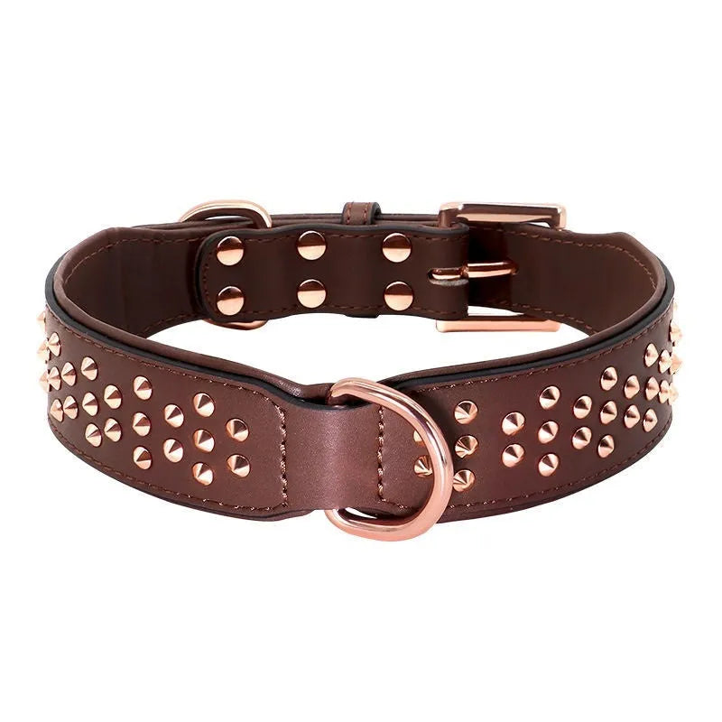 Leather dog collar with anti-bite rivets in black, chocolate, or pink colour, sizes L and XL