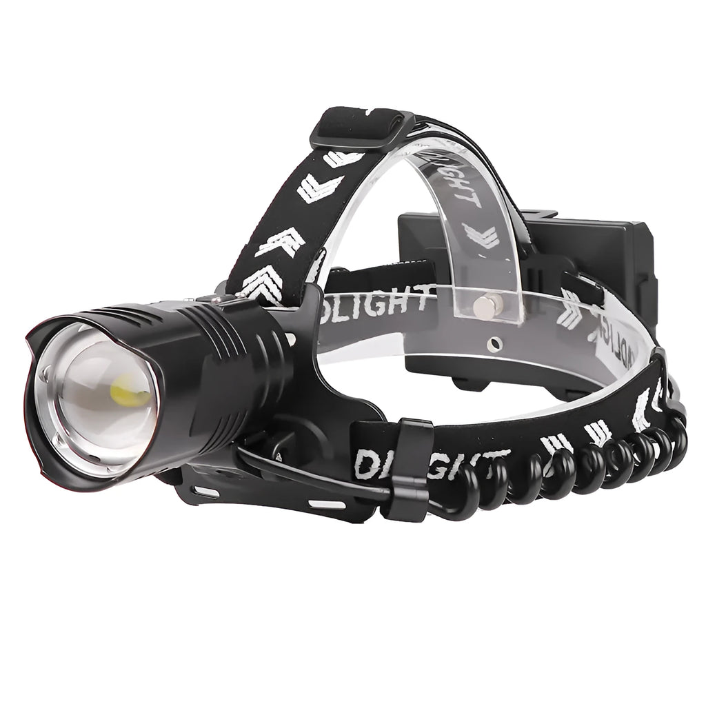 Black aluminium alloy USB rechargeable headlight with telescopic zoom lens extended