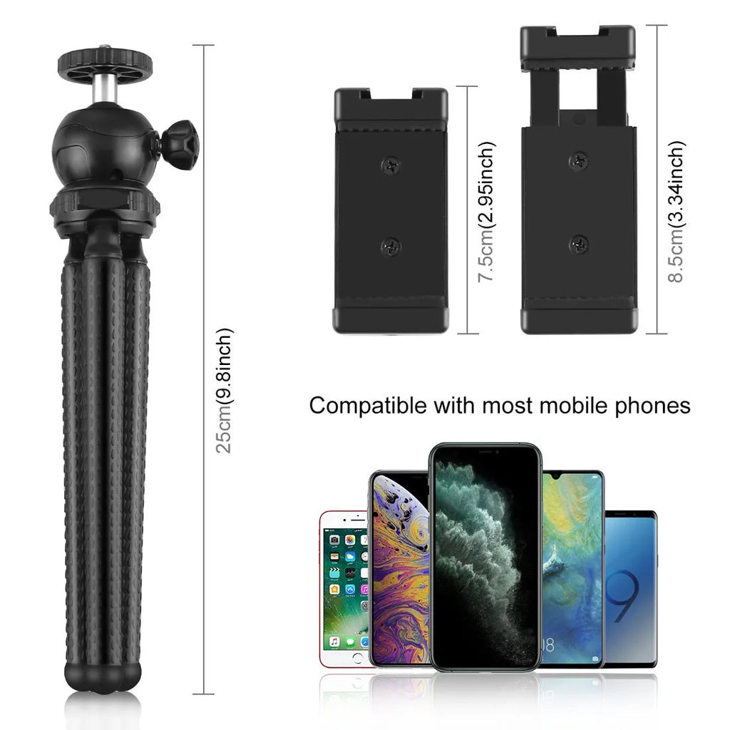 Black octopus tripod with flexible legs wrapped around a lamppost, showing 360-degree ballhead and fill light microphone attached to an iPhone.