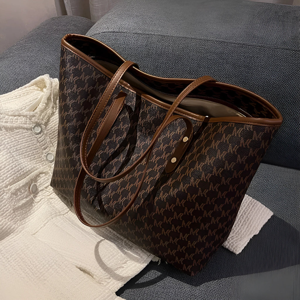 Women's large PU shoulder tote bag, 44cm wide, zip top, in black, beige or brown