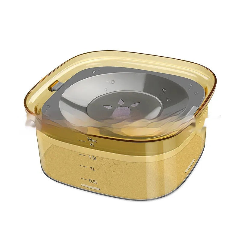 Clear plastic dog water bowl showing water level, with a white floating disc inside on a non-slip base.