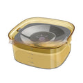 Clear plastic dog water bowl showing water level, with a white floating disc inside on a non-slip base.