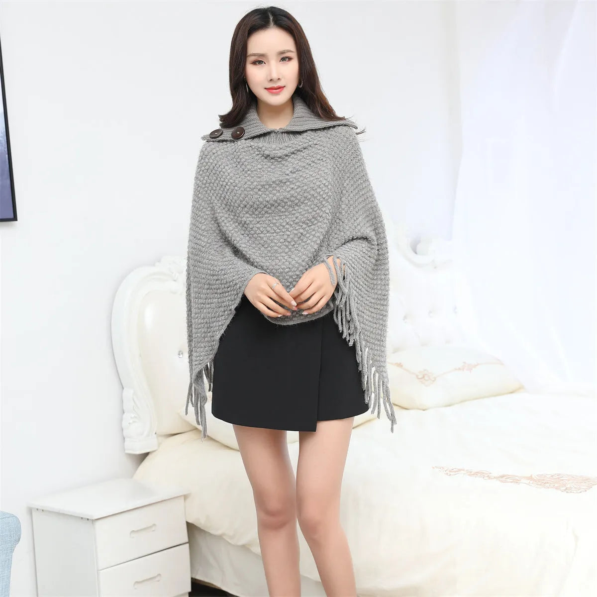 Dotted pattern sleeveless knit shawl cloak in apricot colour, free size European fashion outerwear