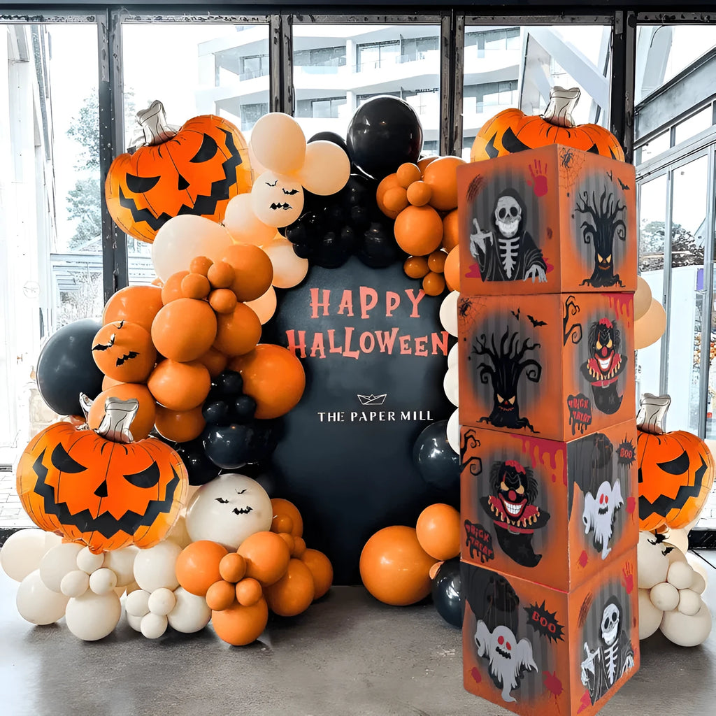 Four orange aluminium foil ghost balloons with blood wine bottle designs for Halloween decoration