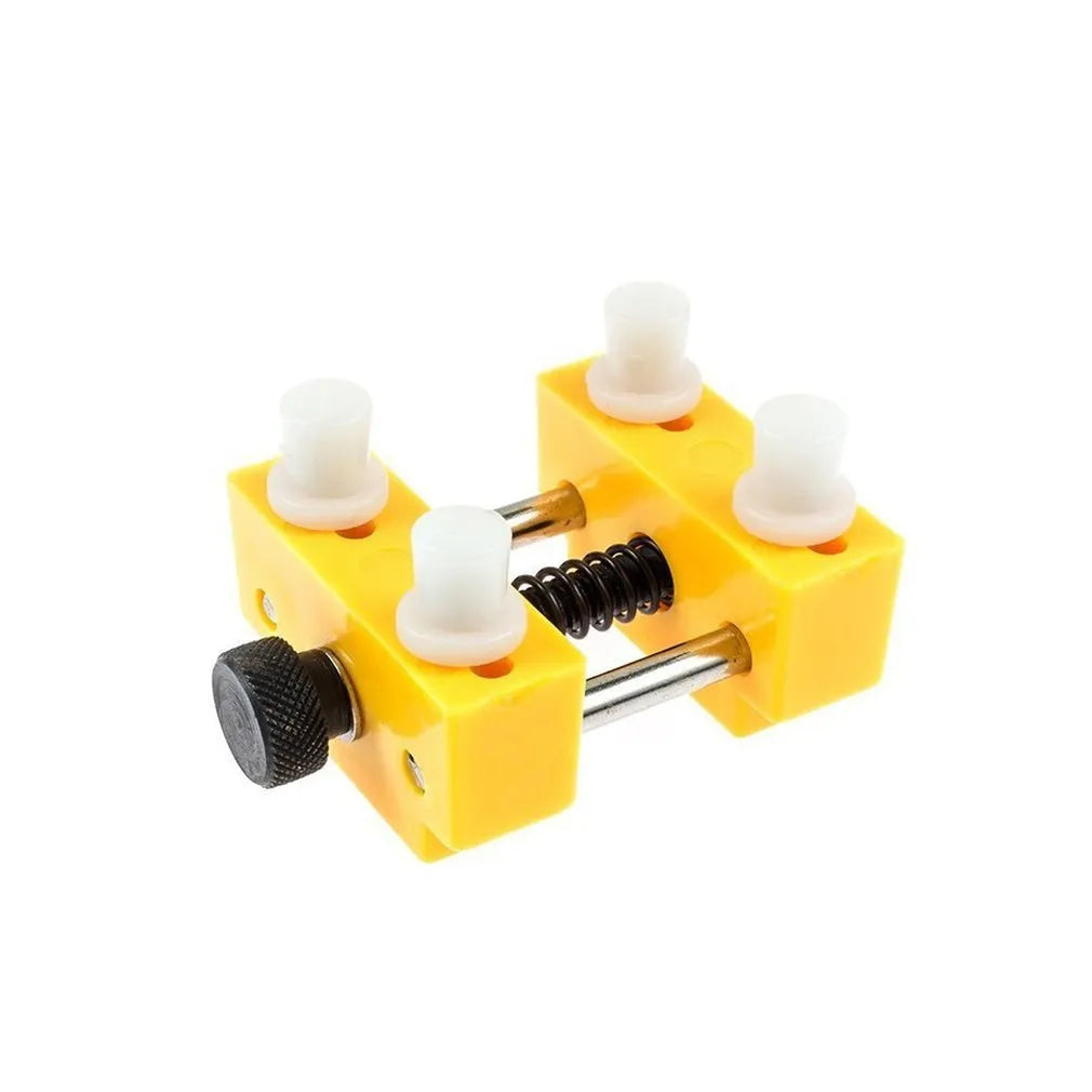 Yellow plastic watch case opener tool and fixing base set for DIY battery replacement