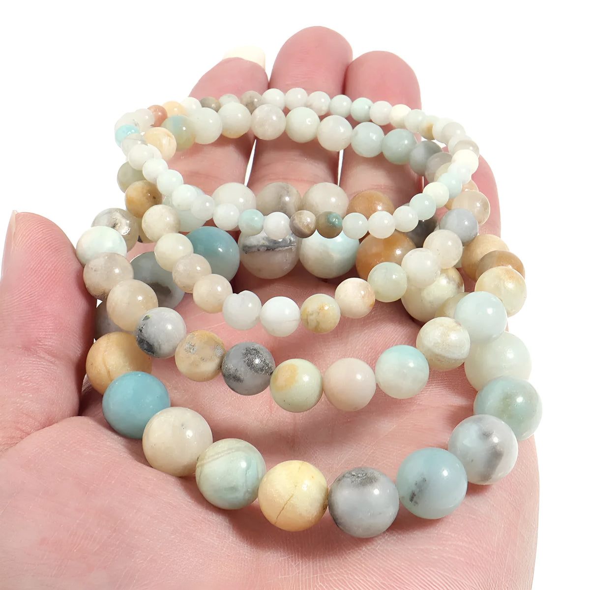 Handmade bohemian natural stone beaded bracelet, unisex, 4mm to 10mm shiny Amazon style beads