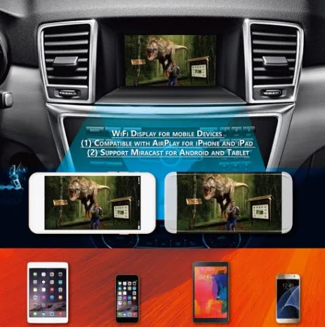 Black car mirror link box with Wi-Fi A/V converter, antenna, power cable, and AV cable for smartphone car integration