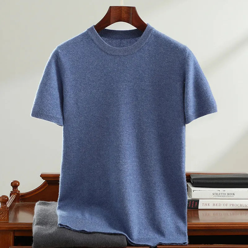 Men's round neck short sleeve sweater in steady black, loose fit pullover, casual youth jumper.