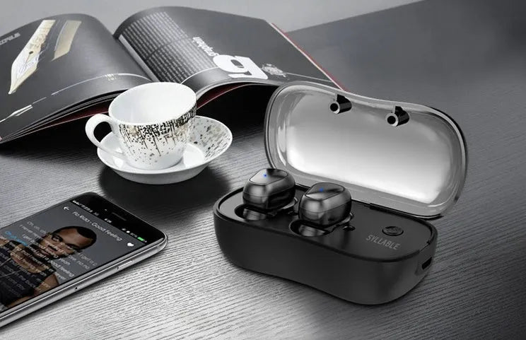 Black wireless TWS in-ear sports headphones with a compact rectangular charging case on a white background.